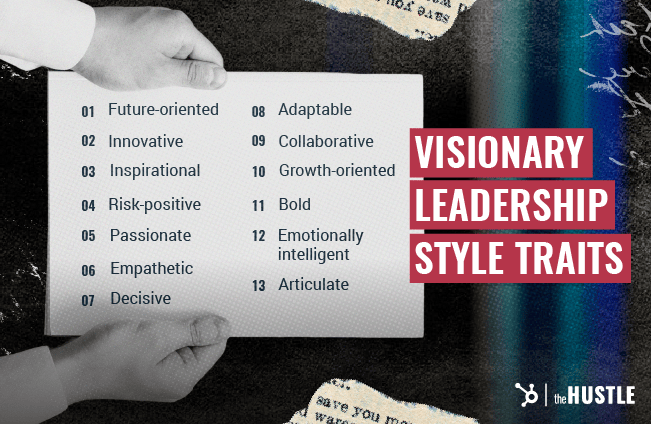 Visionary Leadership Style Traits: Future-oriented, innovative, inspirational, risk-positive, passionate, empathetic, decisive, adaptable, collaborative, growth-oriented, bold, emotionally intelligent, and articulate.